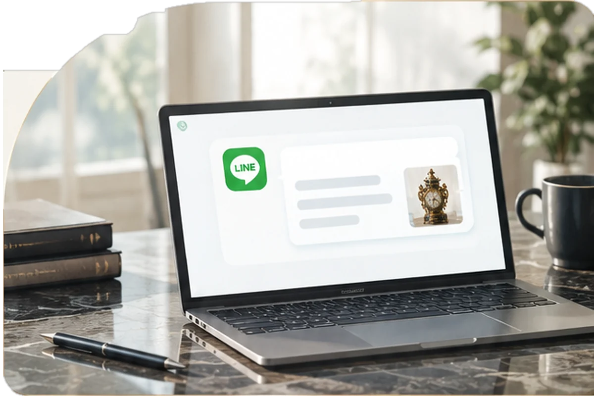ノートパソコンでLINEのトーク画面を開き、送った写真への返信を受け取っているところ